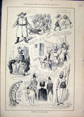 Old Antique Print 1879 Comedy Sketches Man Singing Children Fighting Dog 19th