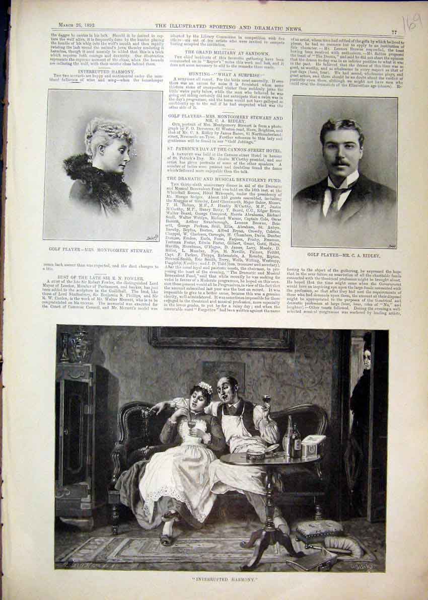 Original Old Antique Print 1892 Photo Golf Ridley Montgomery Stewart Romance