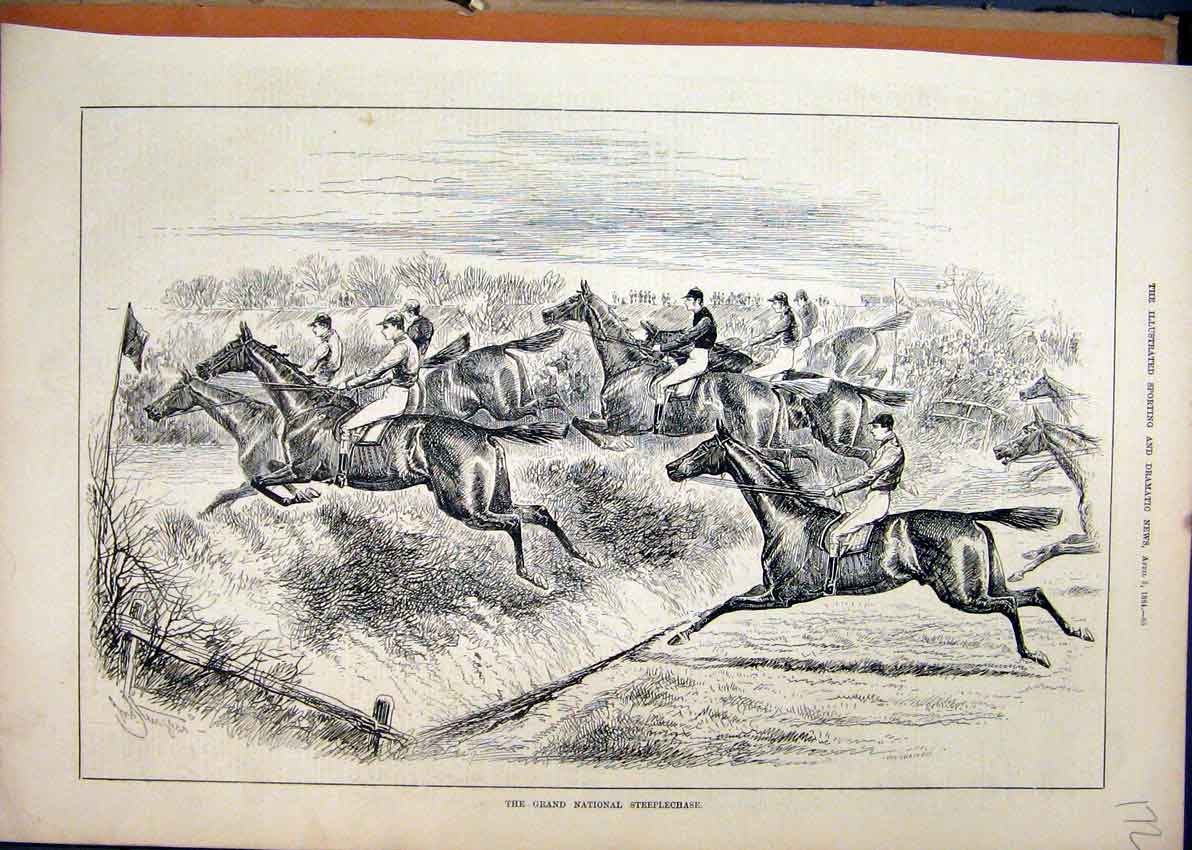 Original Old Antique Print 1884 Grand National Steeplechase Horses Jumping 19th
