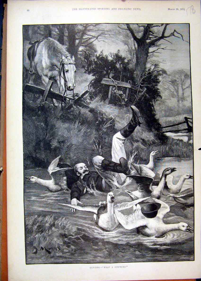Original Old Antique Print 1892 Hunting Man Falling Horse River Geese Fine Art