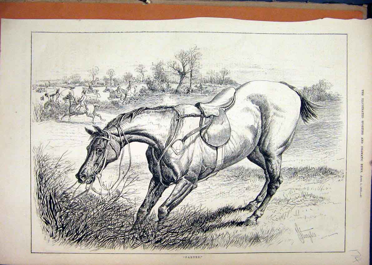 Original Old Antique Print Horse Rider Fallen 1880 Jumping Country Scene 19th