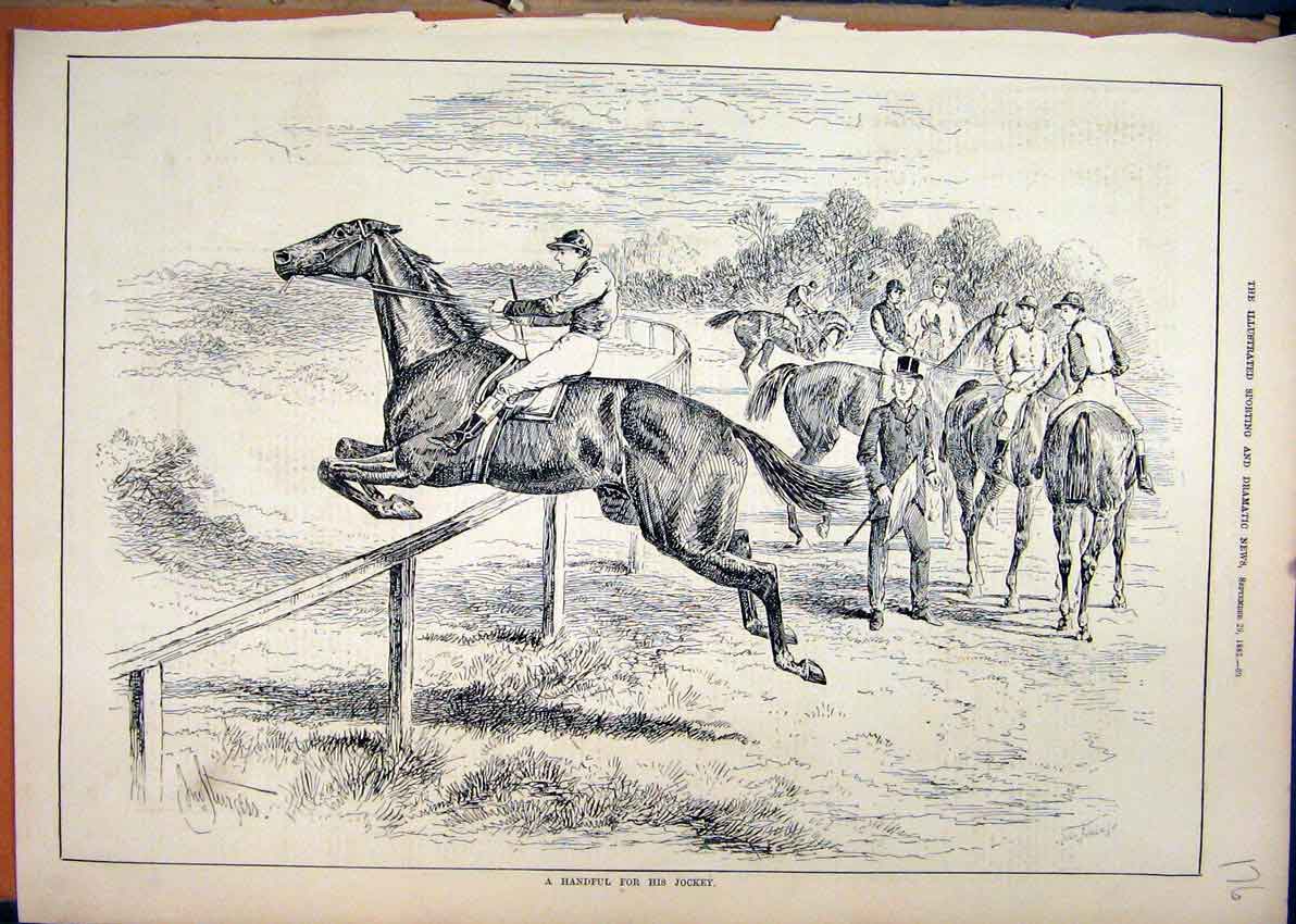 Original Old Antique Print Horse Jumping Running Away Jockey 1883 19th