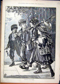 Original Old Antique Print 1883 Children Fishing Day Out Basket Rod Art 19th