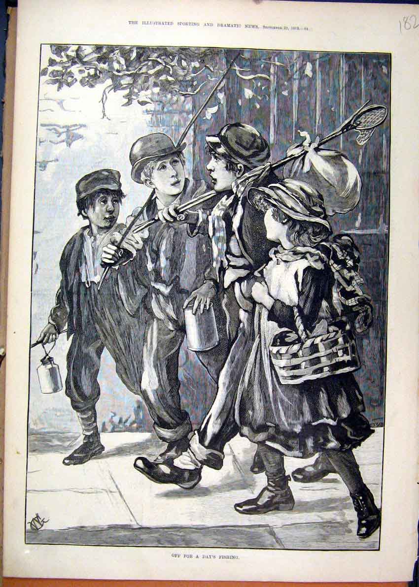 Original Old Antique Print 1883 Children Fishing Day Out Basket Rod Art 19th