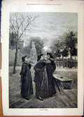 Original Old Antique Print Men Smoking 1886 Trees Statue Country Fine Art 19th