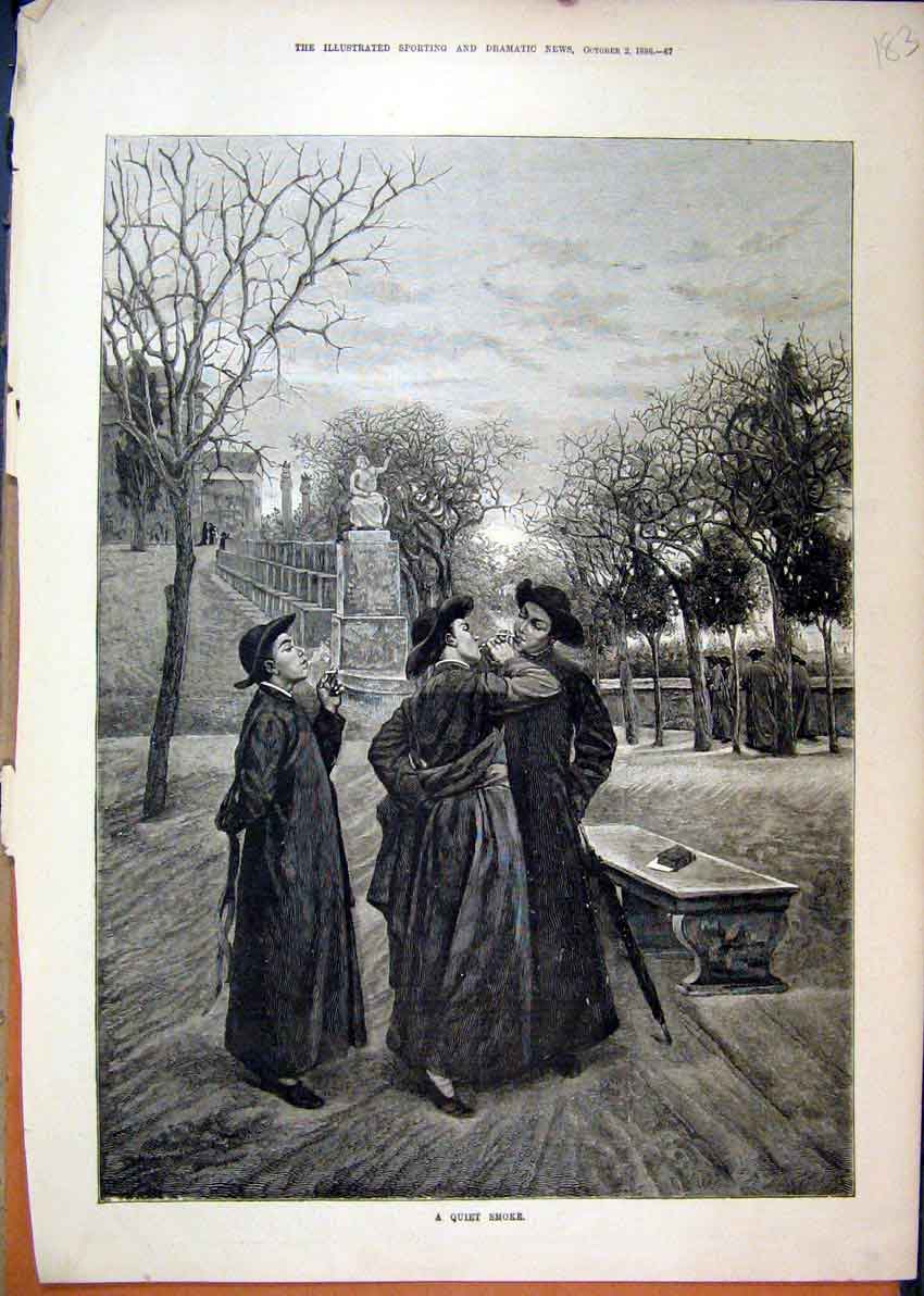 Original Old Antique Print Men Smoking 1886 Trees Statue Country Fine Art 19th