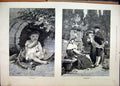 Original Old Antique Print 1890 Small Child Sitting Barrel Woman Sleeping Bench