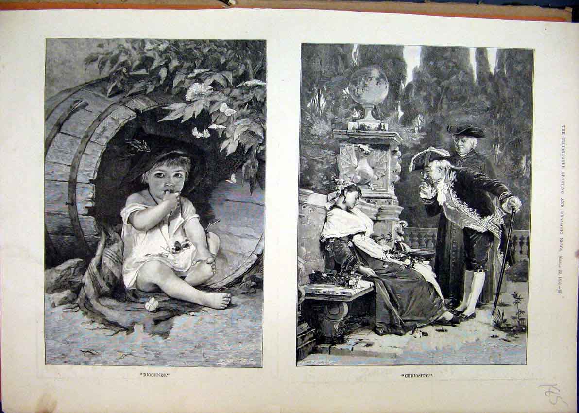 Original Old Antique Print 1890 Small Child Sitting Barrel Woman Sleeping Bench