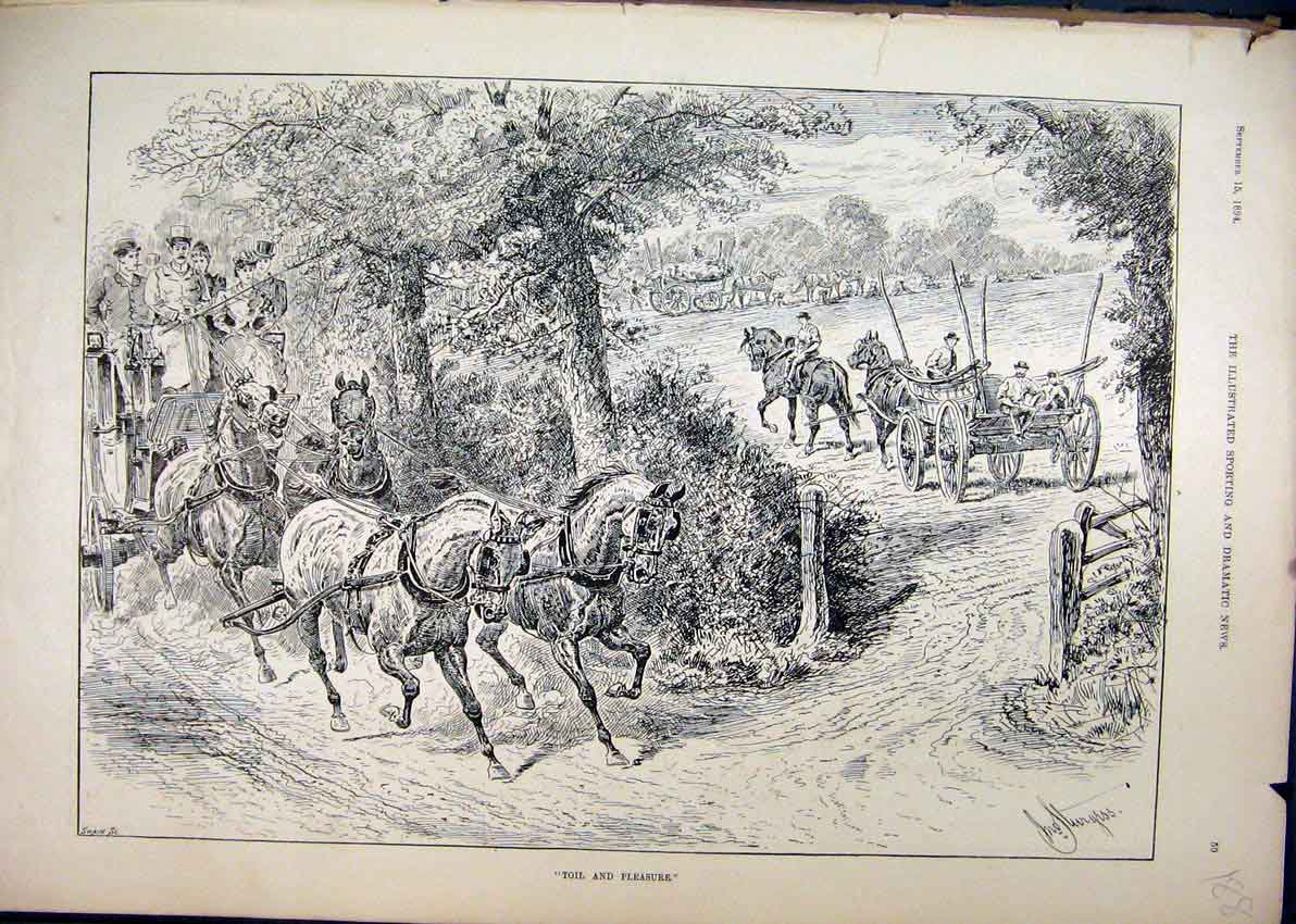 Original Old Antique Print 1894 Horses Carriage Country Field Sketch Victorian