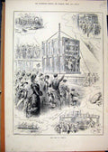 Original Old Antique Print 1882 Ship Transport Elephant Crate Family Watching