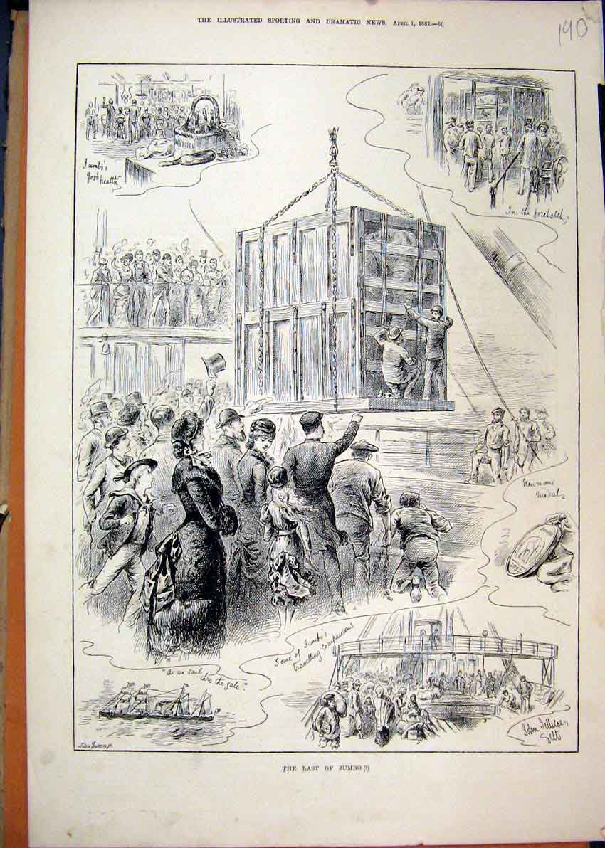 Original Old Antique Print 1882 Ship Transport Elephant Crate Family Watching