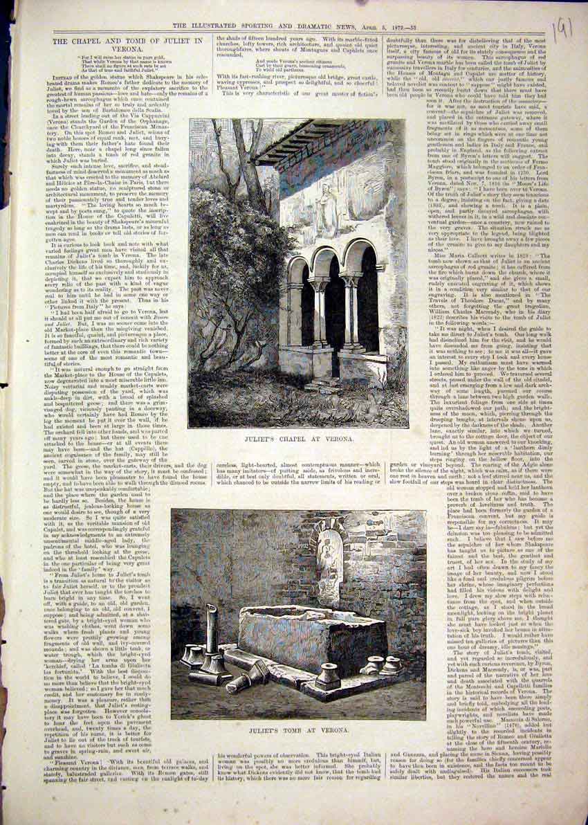 Original Old Antique Print 1879 Juliets Chapel Verona Outdoor Scene Tomb 19th