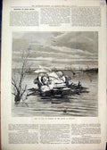 Original Old Antique Print 1879 Floods Hungary Woman Chair Floating Water 19th