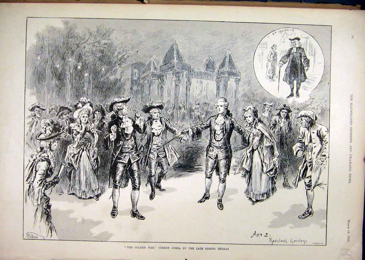 Original Old Antique Print 1893 Gen Web Comedy Opera Goring Thomas Duel 19th