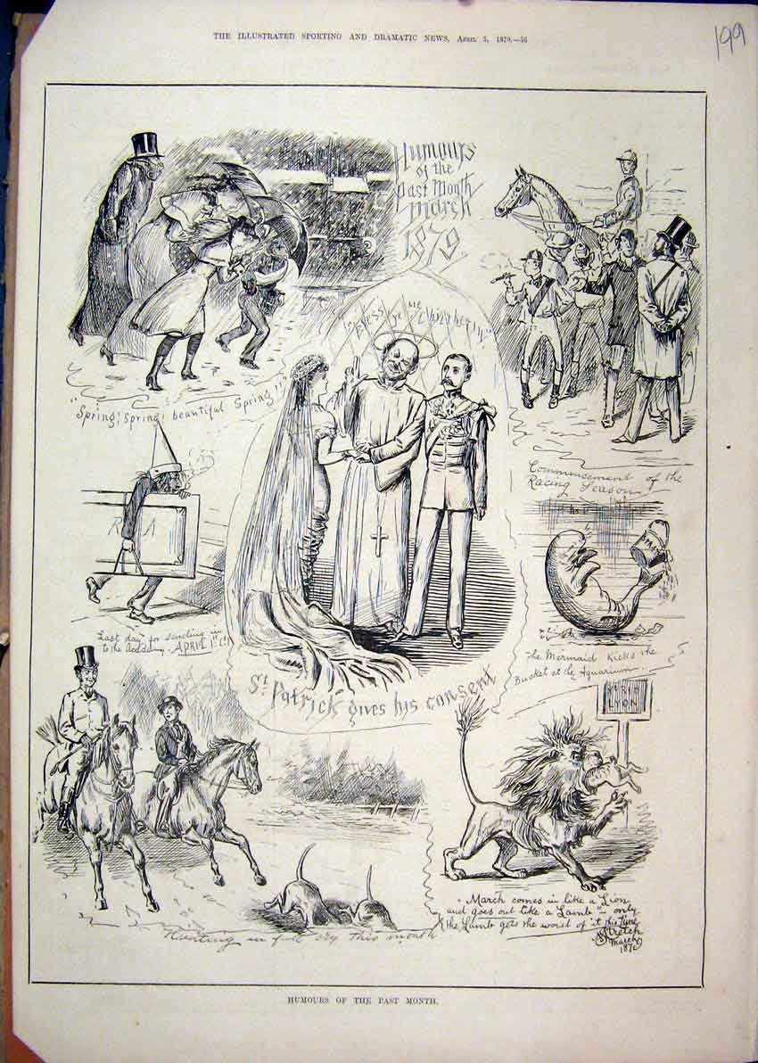 Original Old Antique Print Comedy Sketches 1879 Wedding Spring Storm Lion Horse