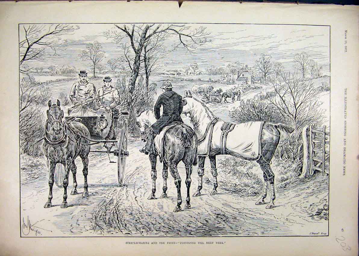 Original Old Antique Print 1892 Steeplechasing Frost Postponed Horse Carriage