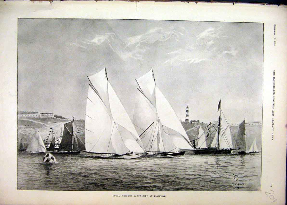 Original Old Antique Print Royal Western Yacht Club 1894 Plymouth Ships 19th