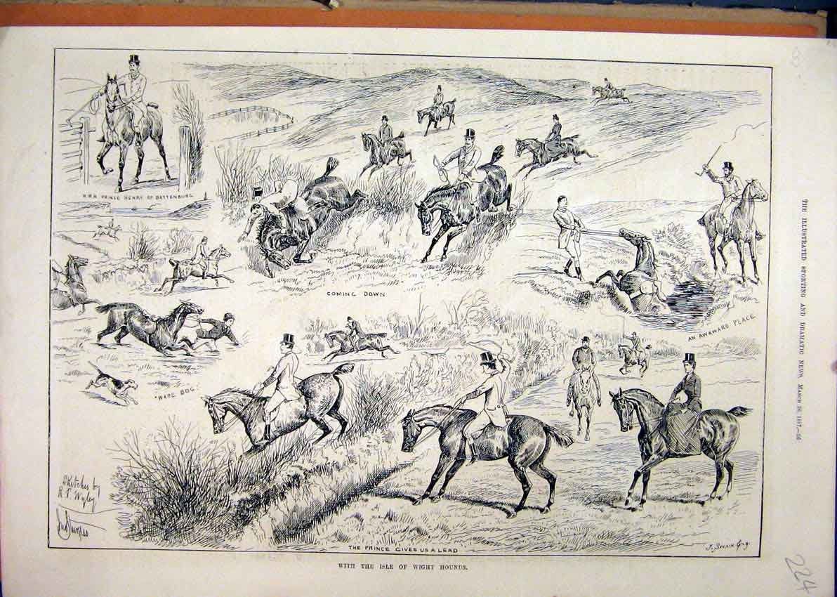 Original Old Antique Print Horses Running Jumping 1887 Wight Downs Dog Hunting