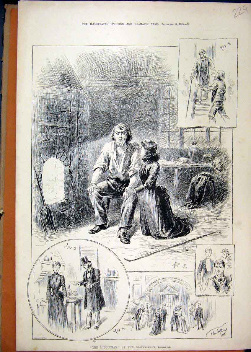 Original Old Antique Print Middleman Shaftesbury Theatre Scenes 1889 Victorian