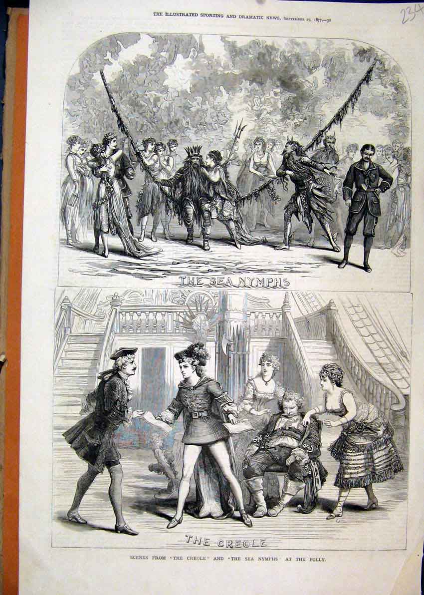 Original Old Antique Print 1877 Scenes Creole Sea Nymphs Folly Theatre Victorian