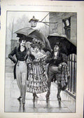 Original Old Antique Print Woman Men Romance 1892 Raining Street Umbrella 19th