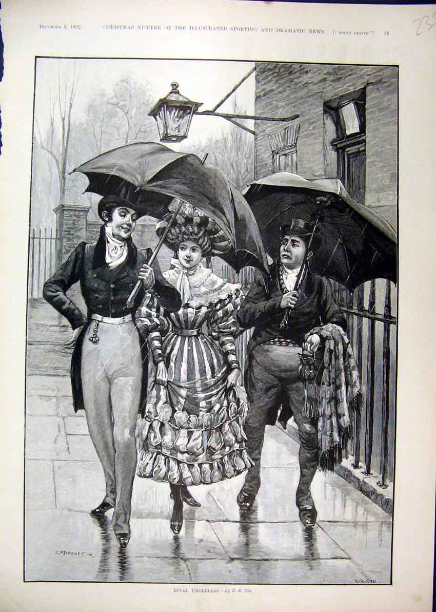 Original Old Antique Print Woman Men Romance 1892 Raining Street Umbrella 19th