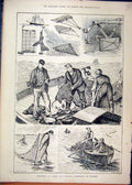 Original Old Antique Print 1886 Sea-Fishing Sport Drag Nets Boat Trammelling