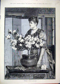 Original Old Antique Print Woman Flower Arranging Table Screen 1889 Victorian