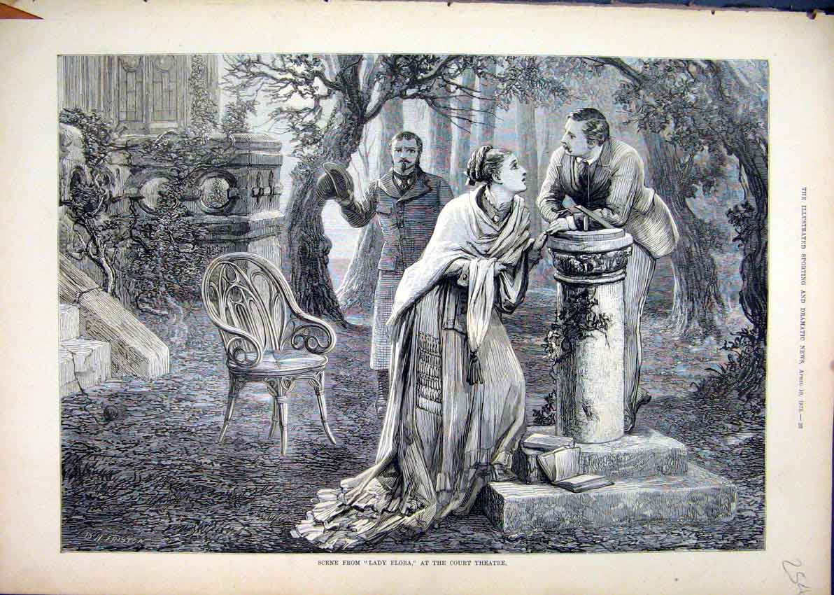 Original Old Antique Print 1875 Scene Lady Flora Court Romance Theatre Victorian