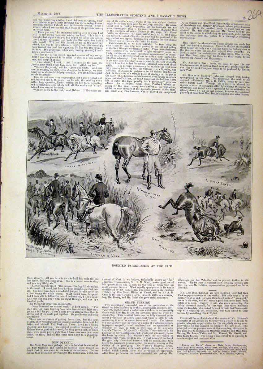 Original Old Antique Print 1892 Mounted Paperchasing Cape Horses Falling Hunt