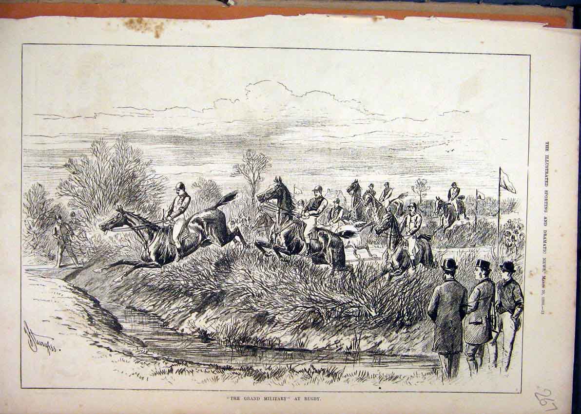 Original Old Antique Print 1880 Grand Military Rugby Horses Jumping Ditch 19th
