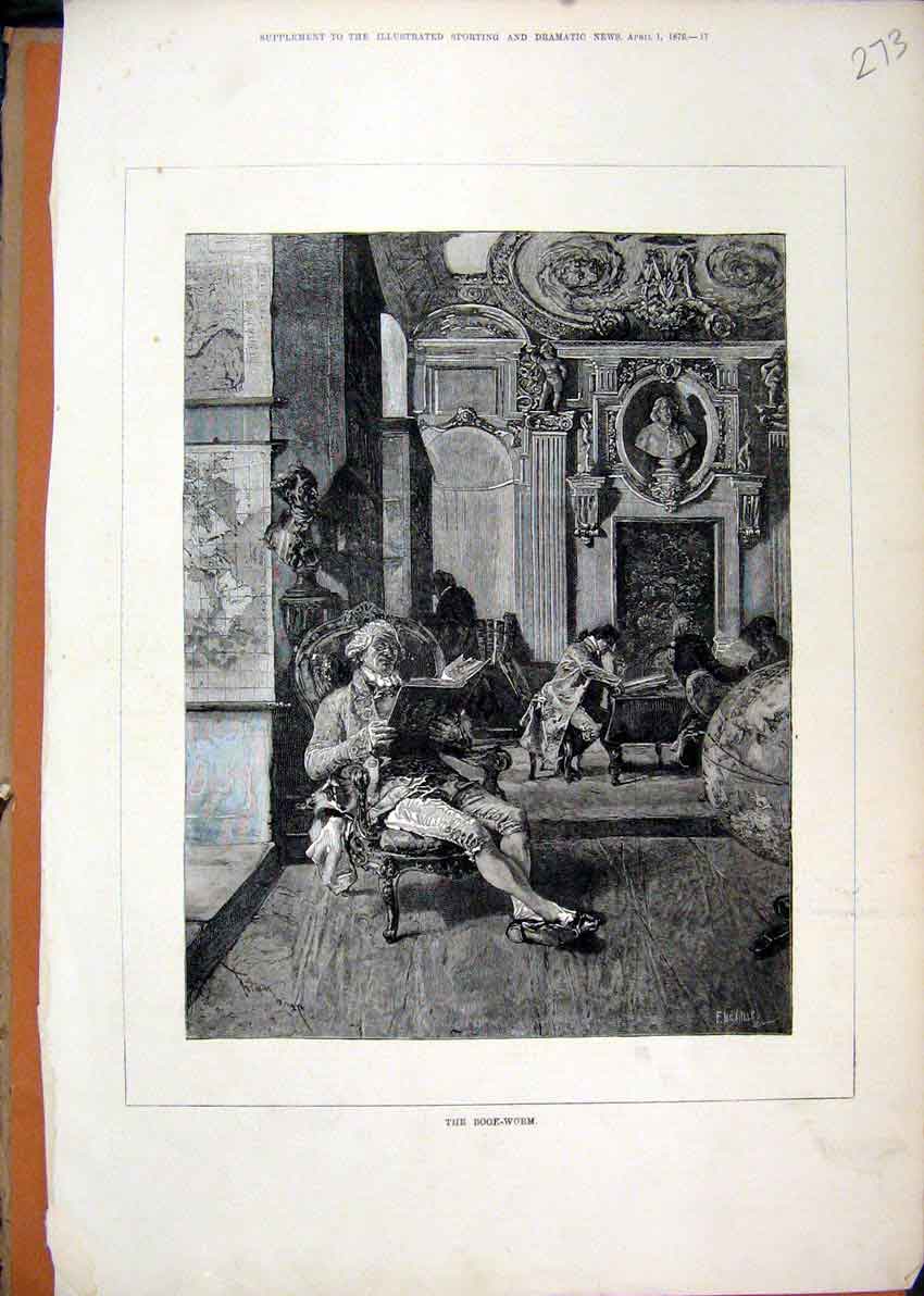 Original Old Antique Print Book-Worm 1876 Man Reading Book Beautiful House 19th