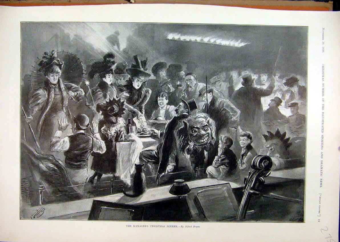 Original Old Antique Print 1895 Managers Christmas Dinner Fantasy Scene 19th