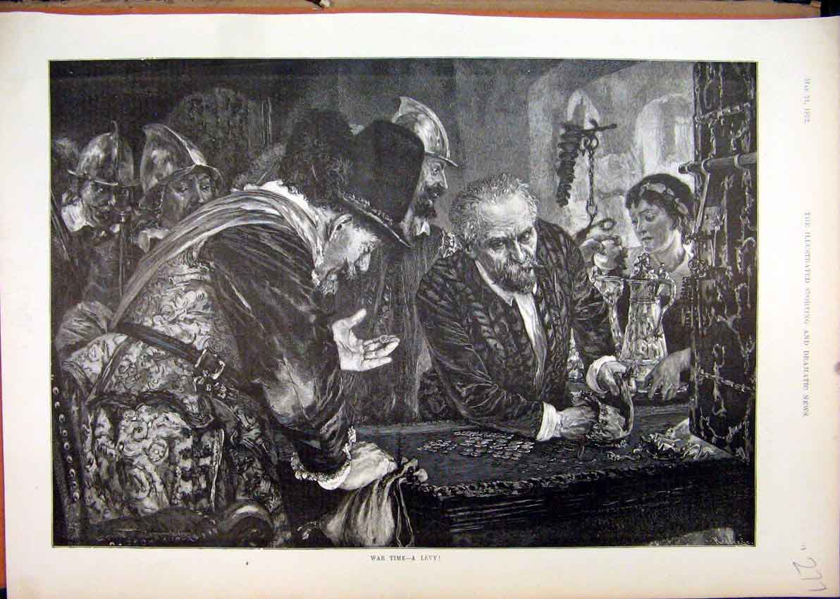 Original Old Antique Print 1892 War Time Levy Men Money Selling Fine Art 19th