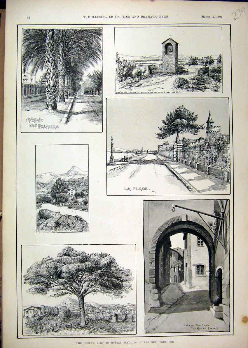 Original Old Antique Print 1892 Hyeres Queen Castle Hill La Plage Gardens Tree