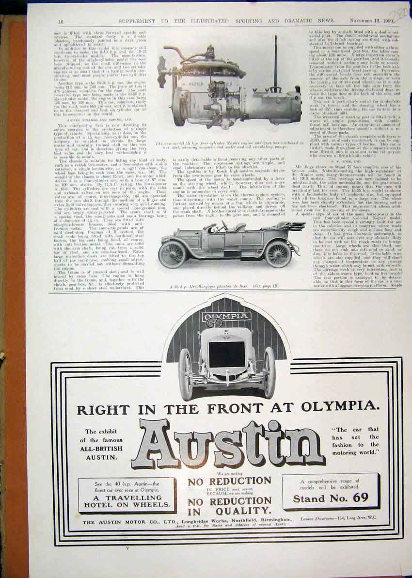 Original Old Antique Print 1909 Advert Austin Motor Car Napier Phaeton 20th
