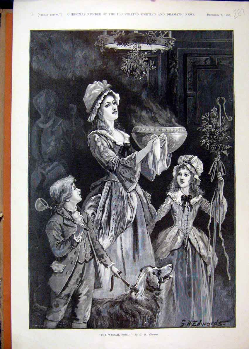 Old Antique Print Wassail Bowl 1893 Woman Children Dog Carrying Fine Art 19th
