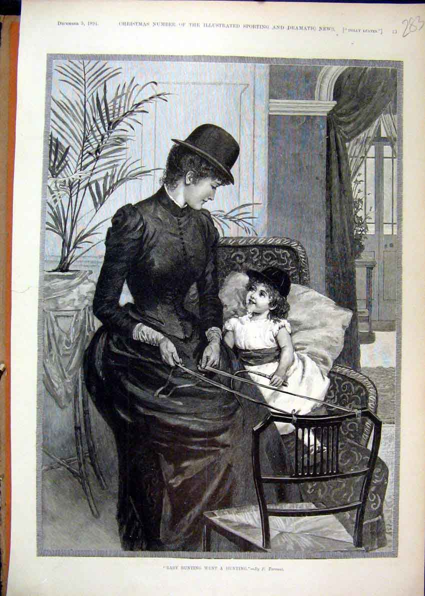 Original Old Antique Print 1891 Baby Bunting Hunting Woman Little Girl Chair