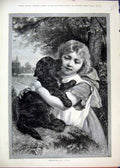 Original Old Antique Print 1888 Little Girl Puppy Kissing Tree Country Scene