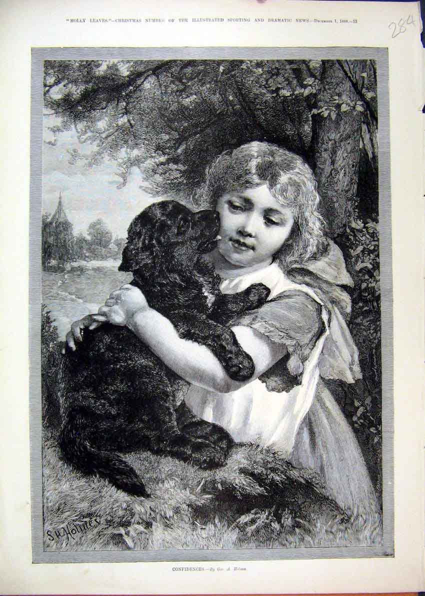 Original Old Antique Print 1888 Little Girl Puppy Kissing Tree Country Scene