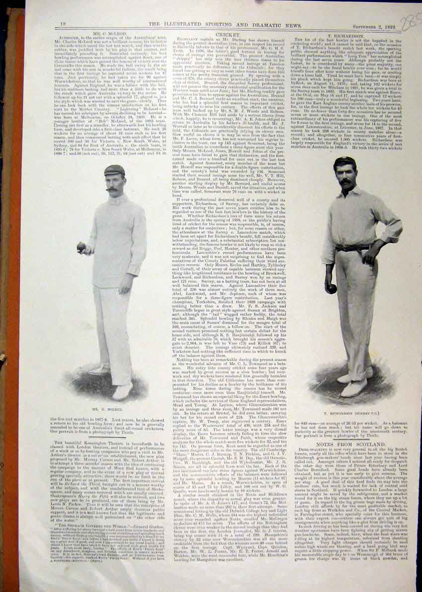 Original Old Antique Print 1899 Cricket Player Richardson Surrey Mcleod Sport