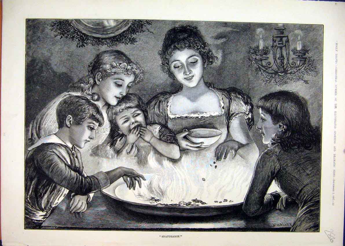 Original Old Antique Print 1887 Snapdragon Woman Children Fire Bowl Victorian