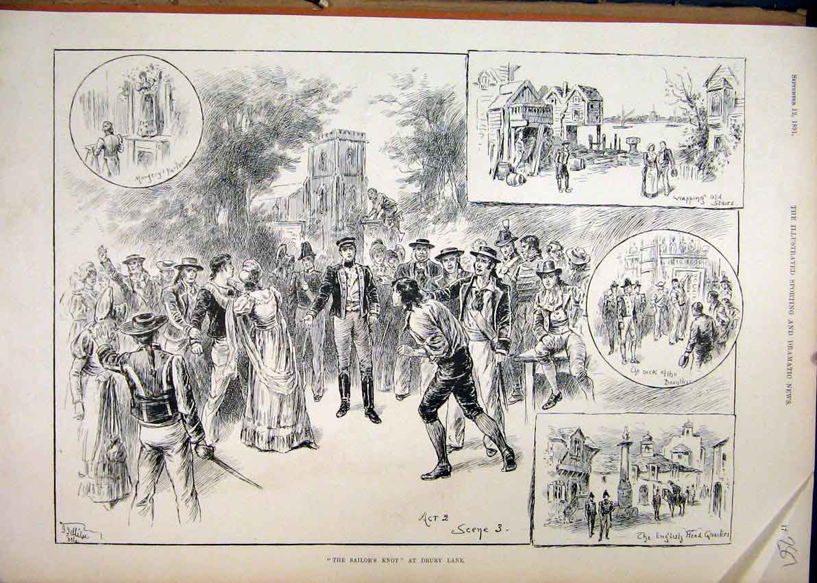 Original Old Antique Print 1891 Sailor Knot Drury Lane Theatre Scenes Victorian