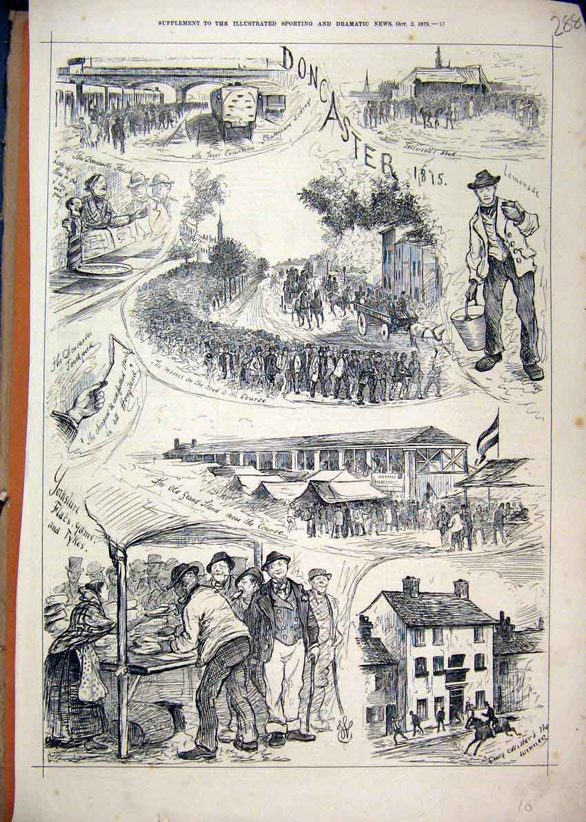 Old Antique Print Scenes Doncaster 1875 Railway Bridge Grand Stand Horse 19th
