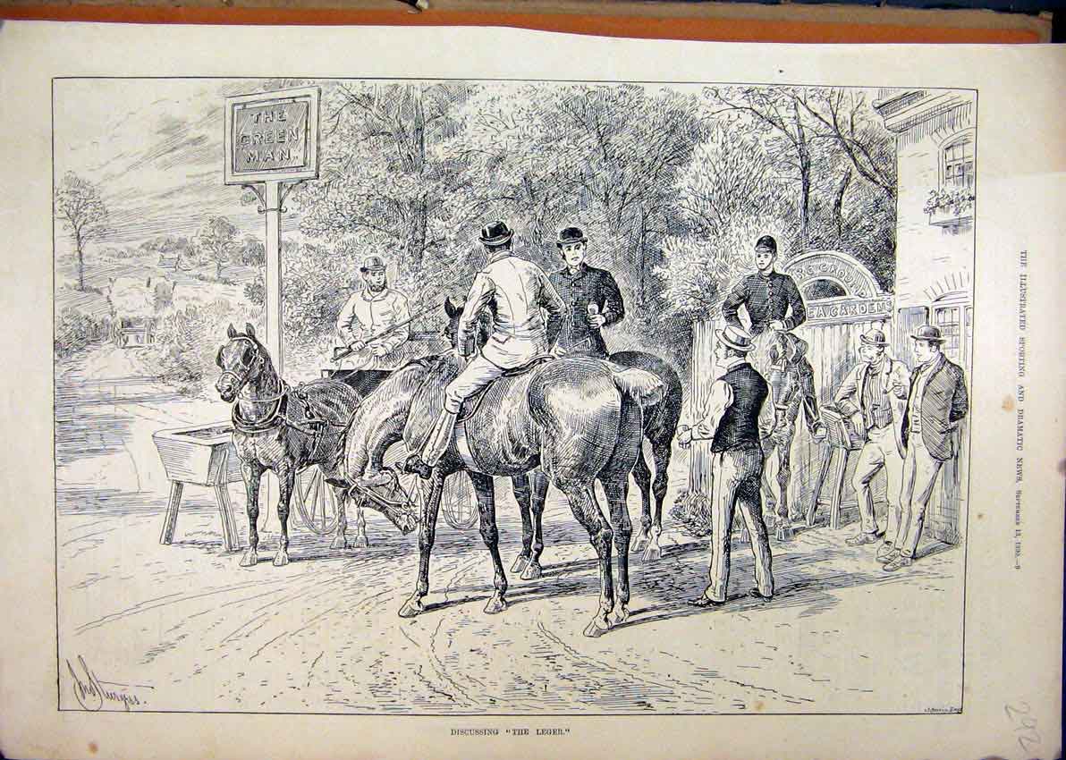 Original Old Antique Print 1890 Horses Riders Green Man Discussing Leger 19th