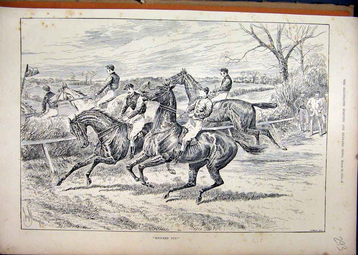 Original Old Antique Print Horses Jumping Fences 1889 Refusing Riders Country