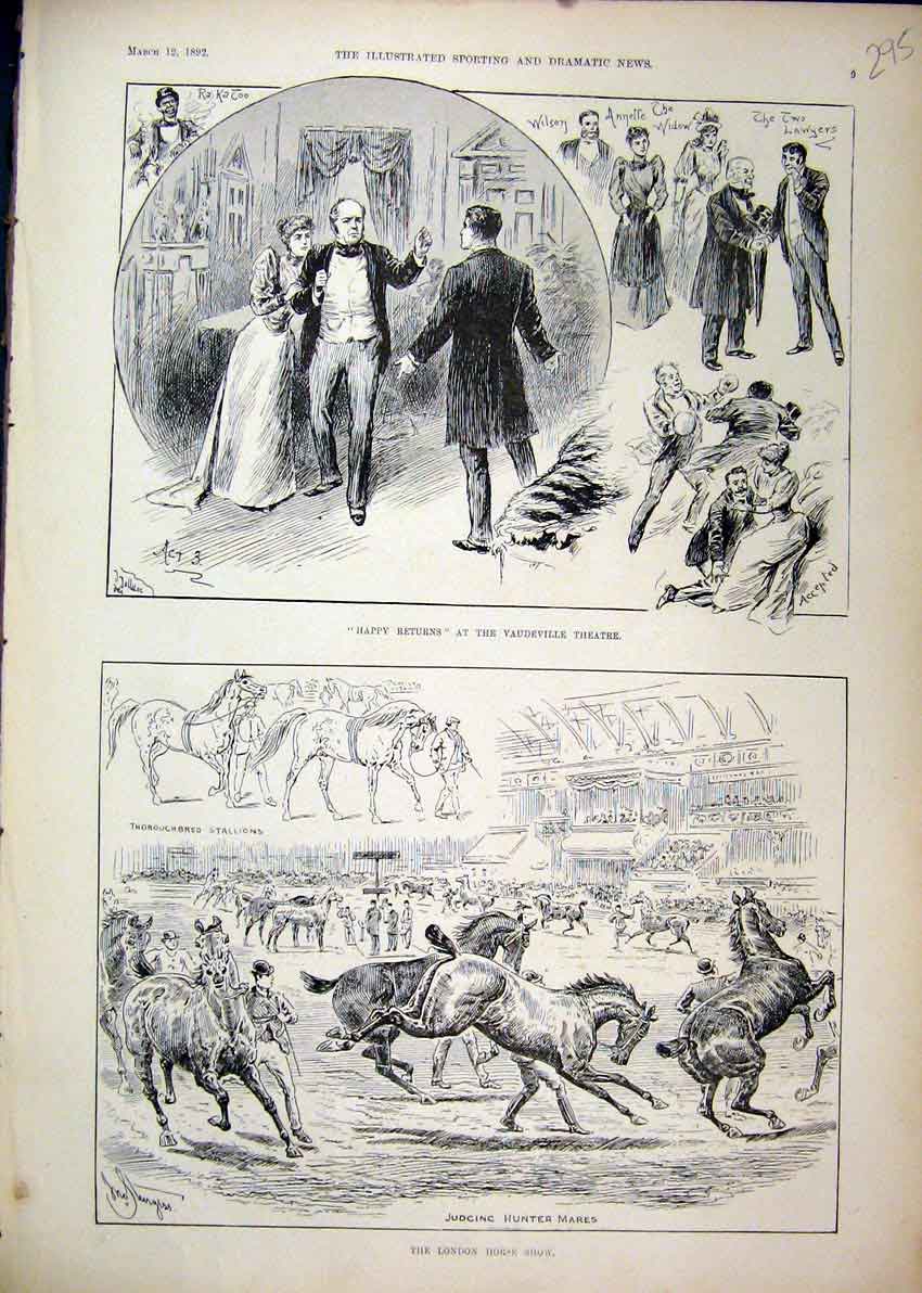Old Antique Print 1892 Vaudeville Theatre Happy Returns London Horse Show 19th