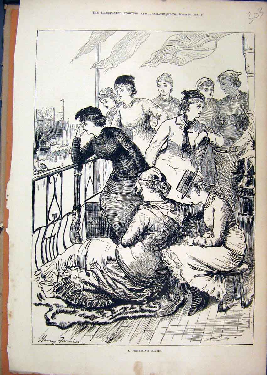Original Old Antique Print Woman Watching Balcony 1880 Boat Race 19th