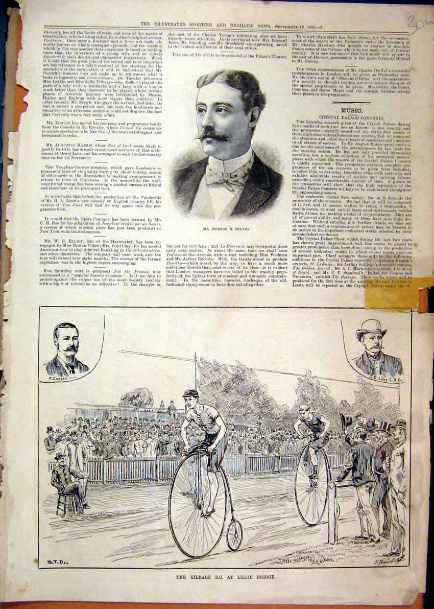 Original Old Antique Print 1886 Portrait Morton Selten Cycling Kildare Lillie