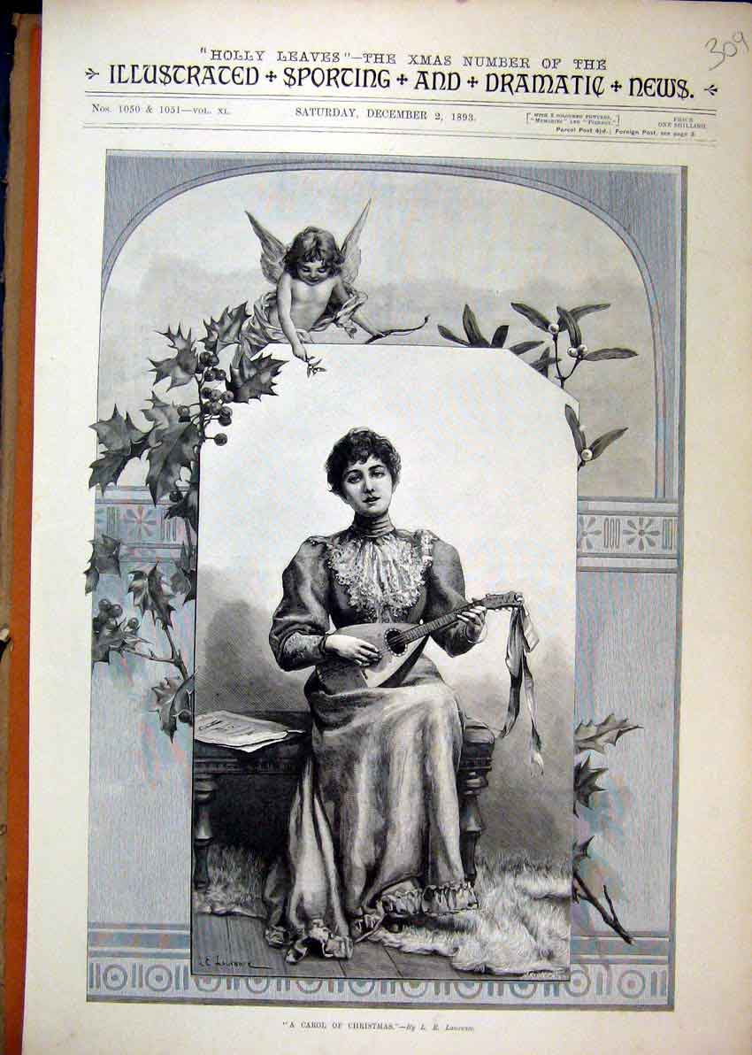 Original Old Antique Print 1893 Christmas Carol Holly Leaves Woman Music 19th